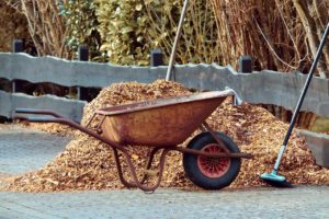 spring mulch and gardening wheelbarrow